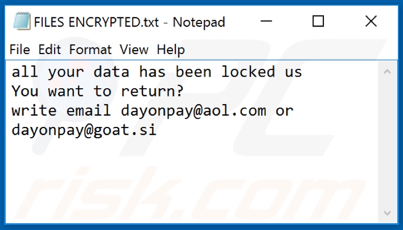 Ficheiro de texto ransomware DOP (FILES ENCRYPTED.txt)