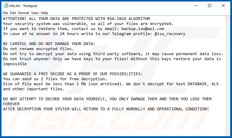 Nota de texto do ransomware .iso (Phobos) (info.txt)