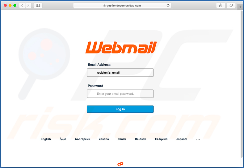 Email credentials phishing website presented as Webmail login page
