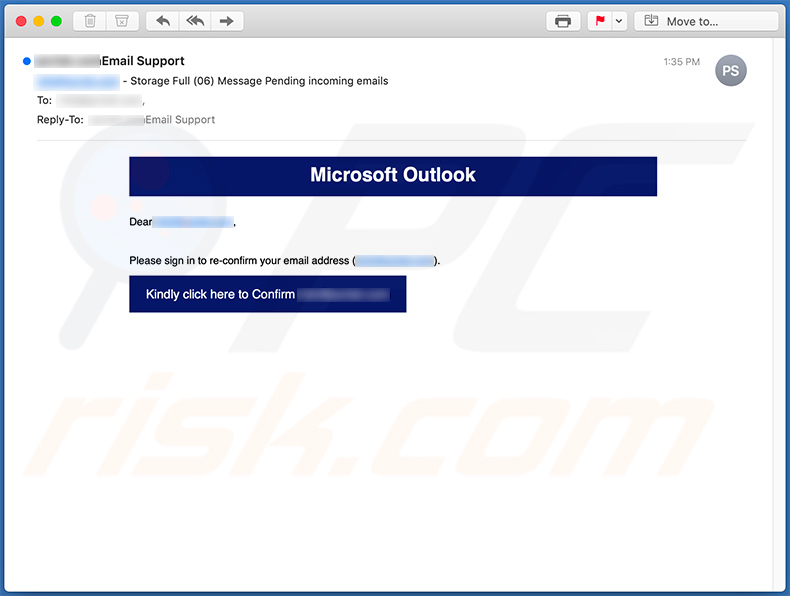 Email de phishing relacionado ao Microsoft Outlook