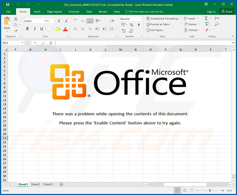 Documento malicioso do MS Excel que distribui o FireBird RAT