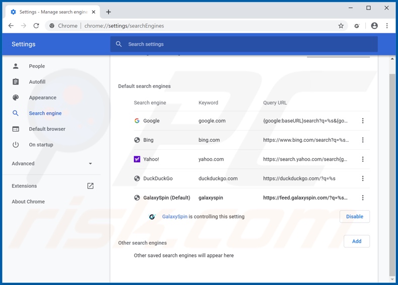 Removendo galaxyspin.com do mecanismo de pesquisa padrão do Google Chrome