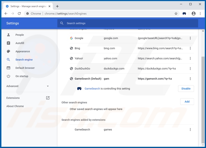 Removendo o gamsrch.com do mecanismo de pesquisa padrão do Google Chrome