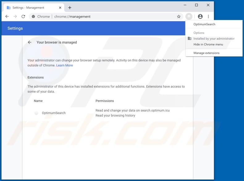 janela de configurações de management do google chrome