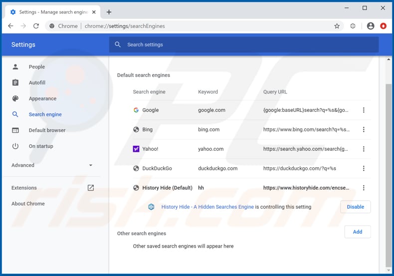 Removendo historyhide.com do mecanismo de pesquisa padrão do Google Chrome