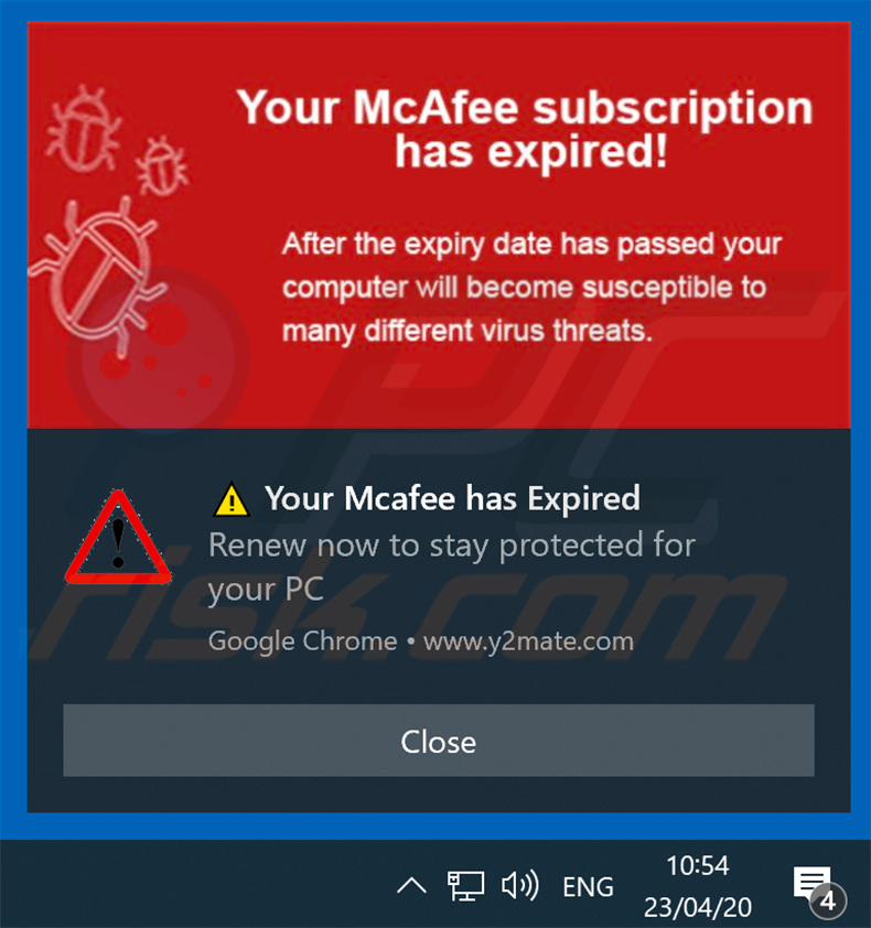 Your McAfee Subscription Has Expired pop-up de notificação do navegador de promoção da fraude exibida por y2mate.com