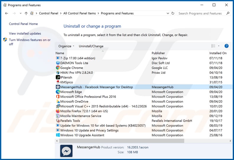 Desinstalação do adware MessengerHub via Painel de Controlo