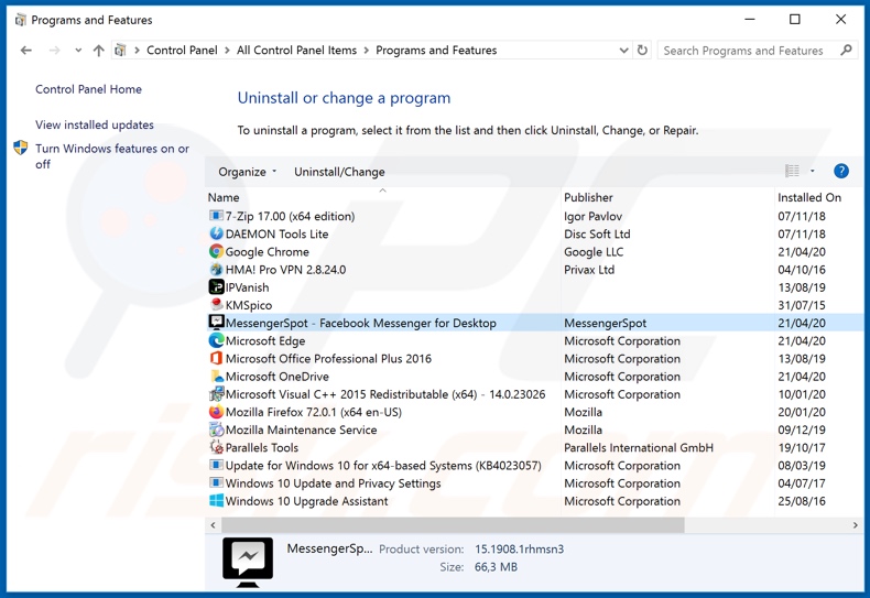 Desinstalação do adware MessengerSpot através do Painel de Controlo