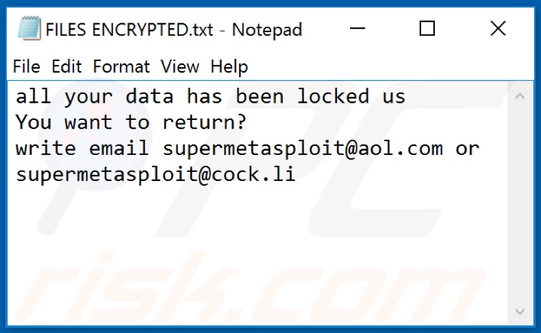 Ficheiro de texto do ransomware MSPLT (FILES ENCRYPTED.txt)