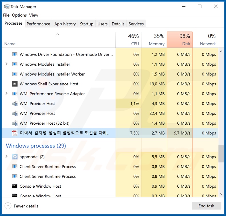 Processo de ransomware do NEMTY REVENUE 3.1 no Gestor de Tarefas