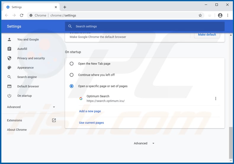 Removendo search.optimum.icu da página inicial do Google Chrome