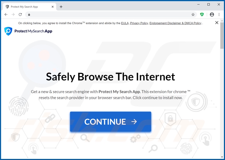 Screenshots do site a promover o sequestrador de navegador do Protect My Search App
