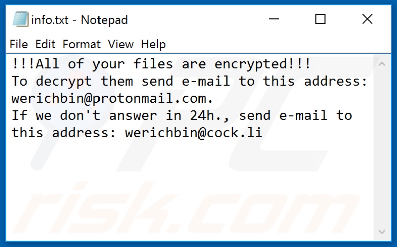 Ficheiro de texto do ransomware Revon (info.txt)