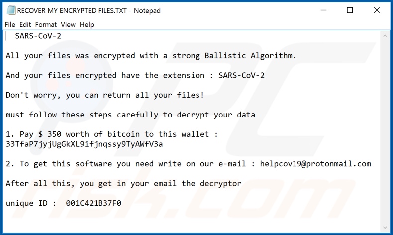 Instruções de deencriptação do SARS-CoV-2 (RECOVER MY ENCRYPTED FILES.TXT)