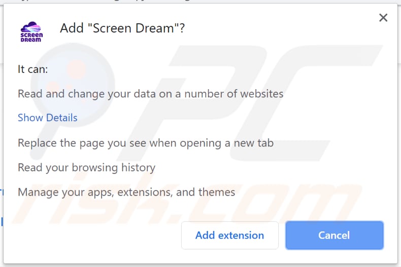 sequestrador de navegador do screen dream a pedir permissão para ser instalado