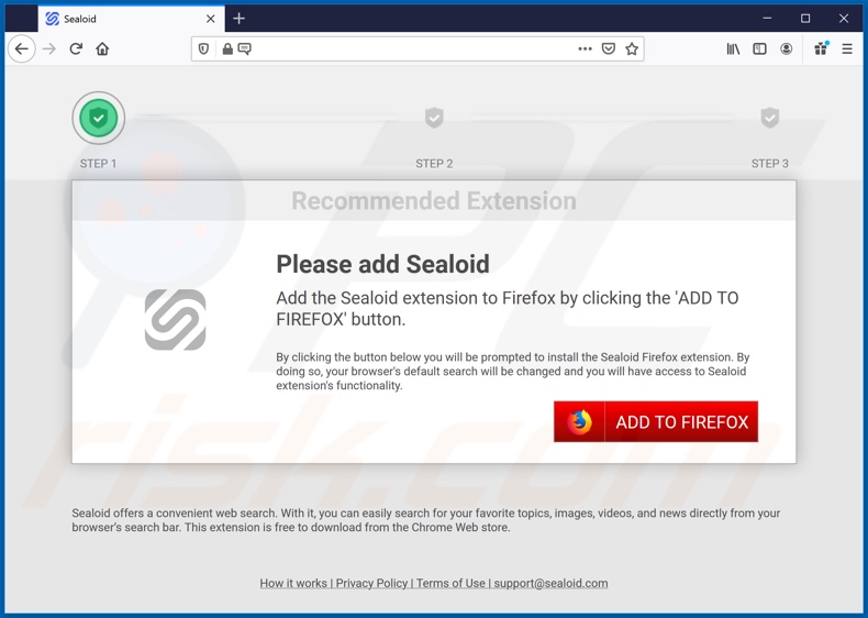 Site usado para promover o sequestrador de navegador Sealoid (Firefox)