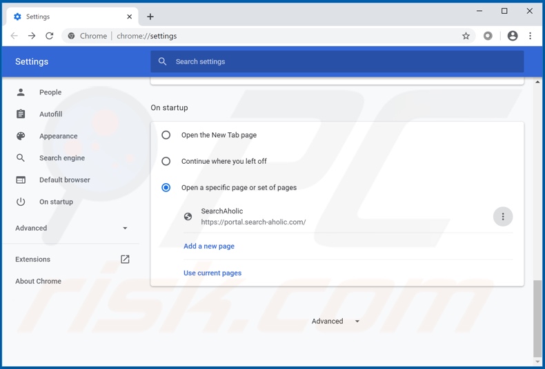 Removendo search-aholic.com da página inicial do Google Chrome