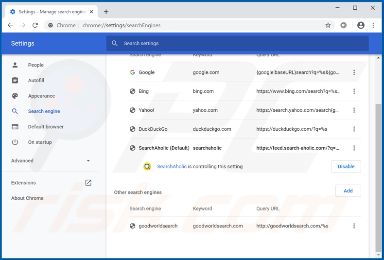 Removendo search-aholic.com do mecanismo de pesquisa padrão do Google Chrome