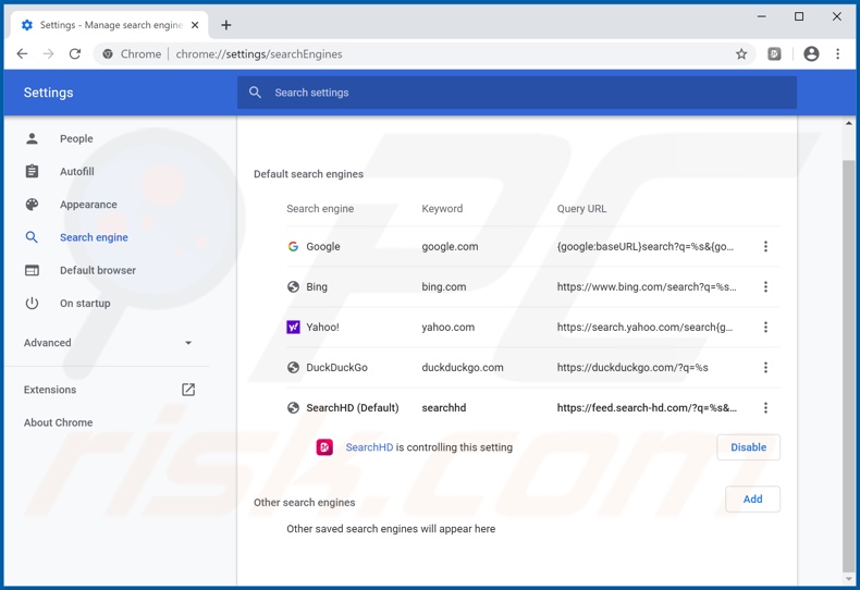 Removendo search-hd.com do mecanismo de pesquisa padrão do Google Chrome
