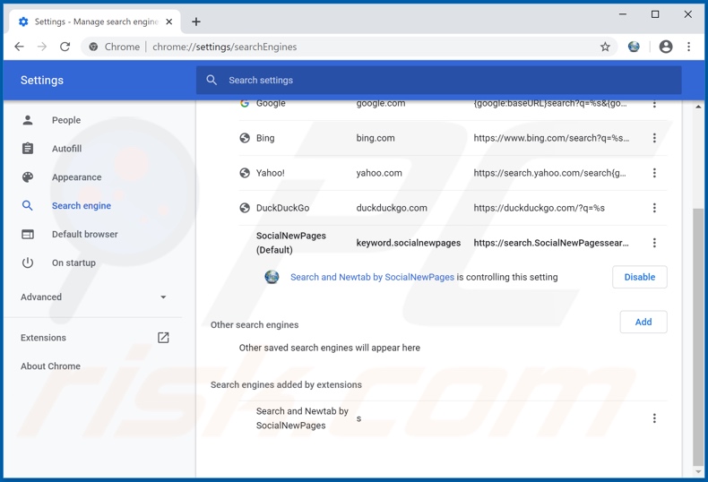 Removendo search.socialnewpagestearch.com do mecanismo de pesquisa padrão do Google Chrome