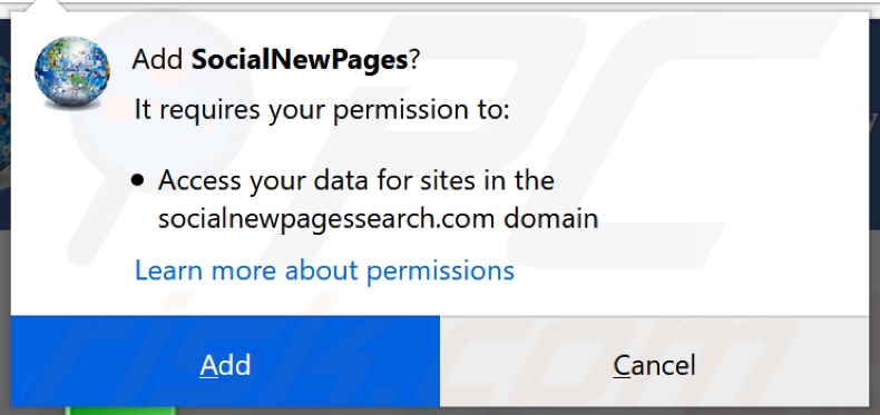 Sequestrador de navegador SocialNewPages a pedir permissões (Firefox)