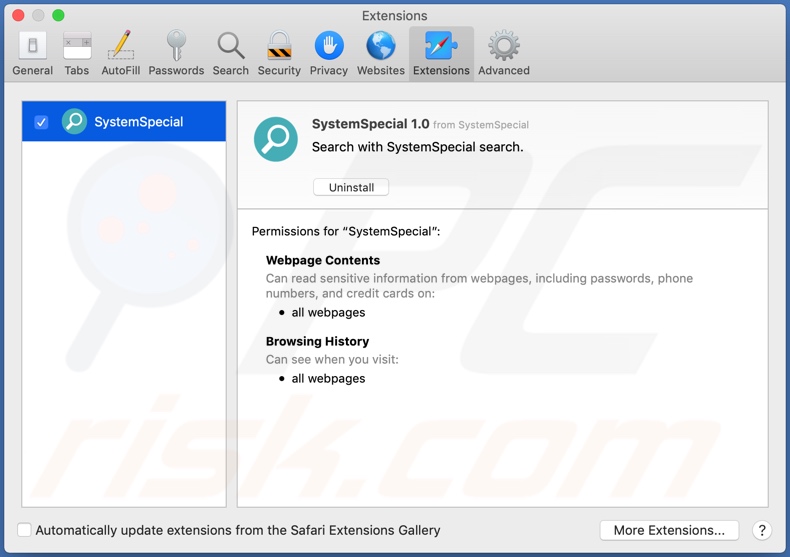 Adware SystemSpecial instalado no navegador Safari