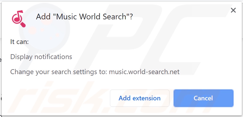 Sequestrador de navegador do Music World Search a pedir permissões