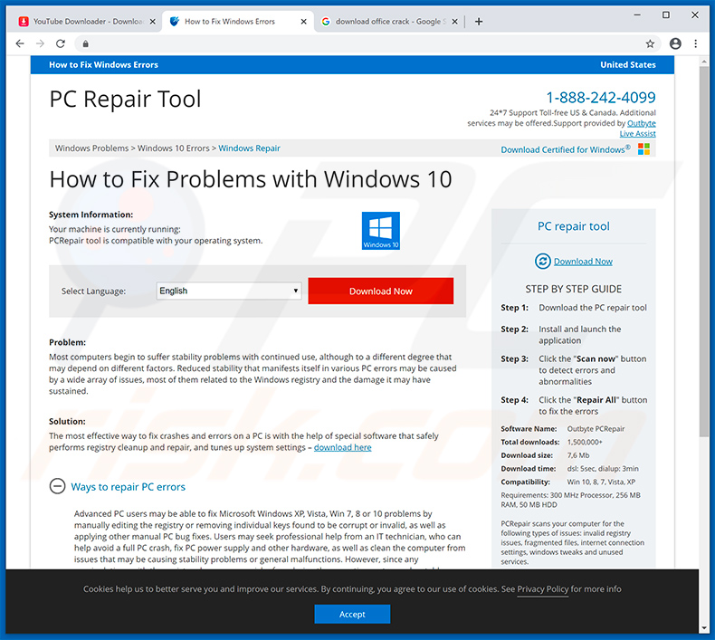 Website que redireciona para Your Windows 10 is infected with 5 viruses!