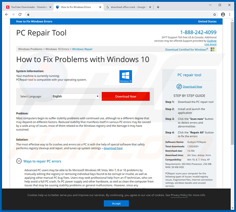 Website que redireciona para Your Windows 10 is infected with 5 viruses!
