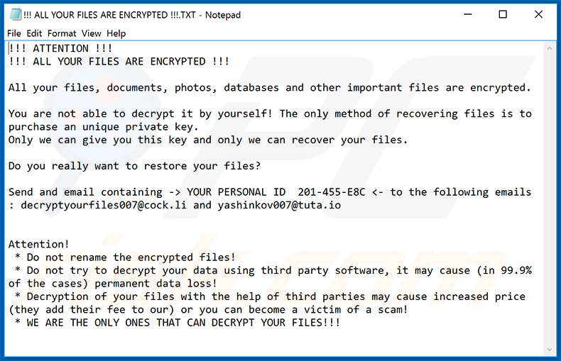 Nota de resgate atualizada de Zeppelin (!!! ALL YOUR FILES ARE ENCRYPTED !!!.TXT) - April 17, 2020