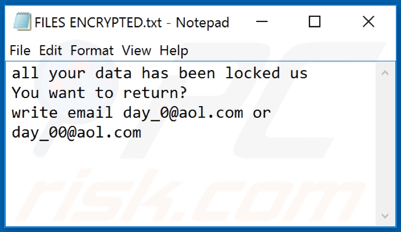 ficheiro de texto do ransomware 0day0 (FILES ENCRYPTED.txt)