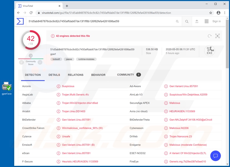 Detecção de malware do Keylogger 404 no VirusTotal