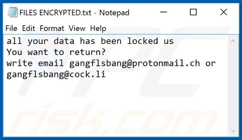 Ficheiro de texto de ransomware BANG (FILES ENCRYPTED.txt)