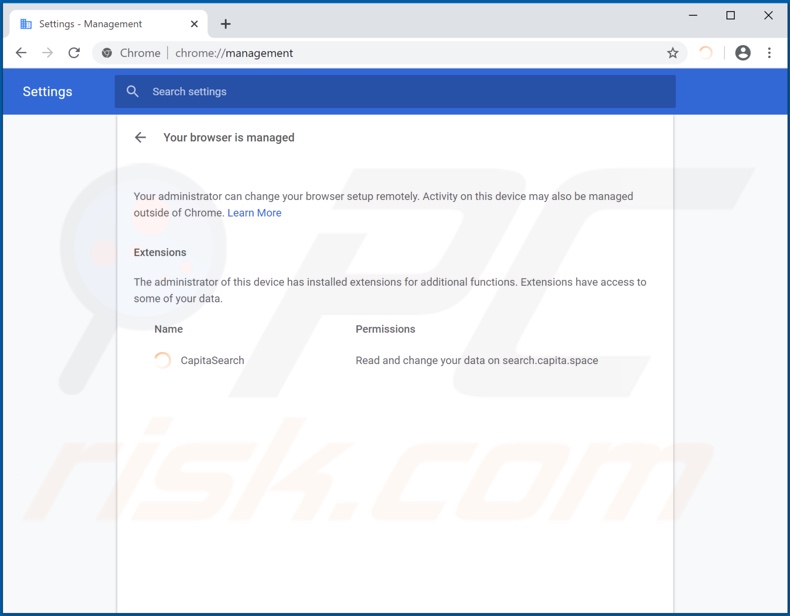 Sequestrador de navegador CapitaSearch a gerir o Chrome
