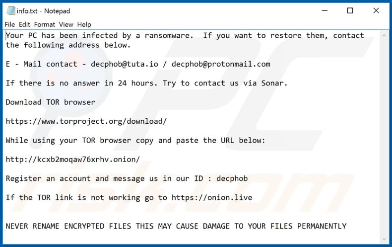 Ficheiro de texto do ransomware Eking