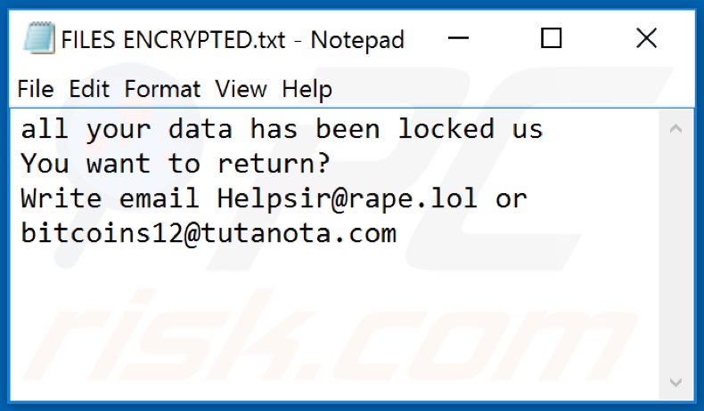 Ficheiro de texto do ransomware LOL (Dharma) (FILES ENCRYPTED.txt)