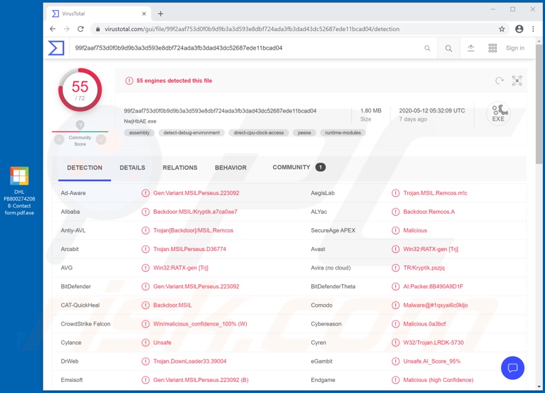 Detecção do malware MassLogger no VirusTotal