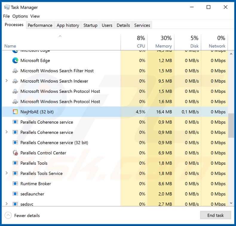 Processo do malware do MassLogger no Gestor de Tarefas (NwjHbAE)