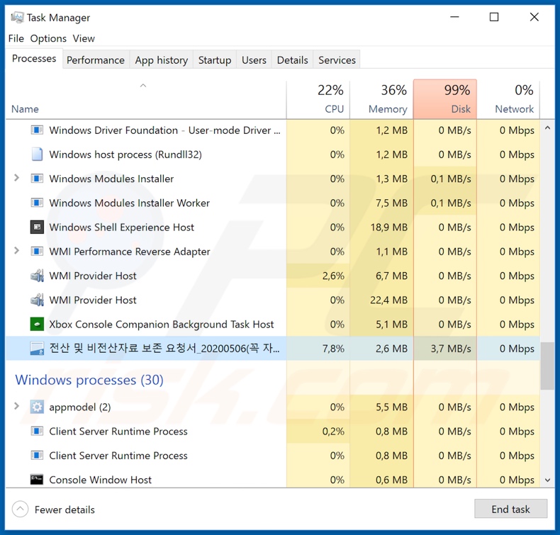 Screenshot do processo do ransomware do Nemty Special Edition no Gestor de Tarefas do Windows (nome do processo: 전산 및 비전산자료 보존 요청서_20200506(꼭 자료 보존해주세요)1)