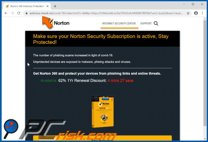 pop-up da fraude site antivirus-check.net a exibir Norton Subscription Has Expired Today