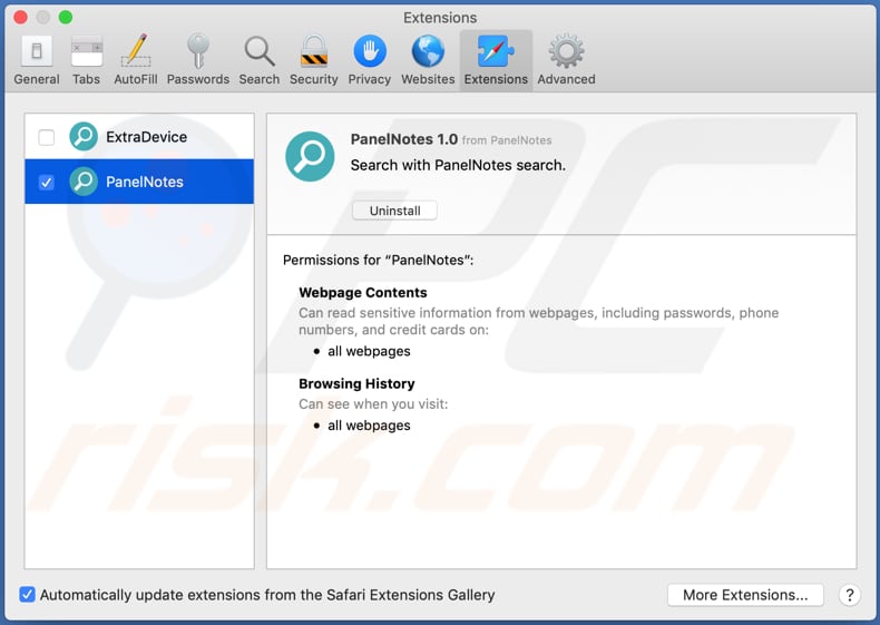 extensão panelnotes adware safari