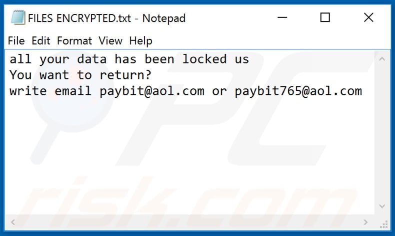 ficheiro de texto ransomware payB (FILES ENCRYPTED.txt)