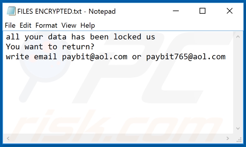 ficheiro de texto ransomware payB (FILES ENCRYPTED.txt)