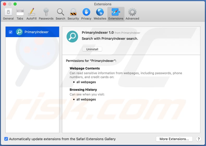 extensão de safari adware primaryindexer