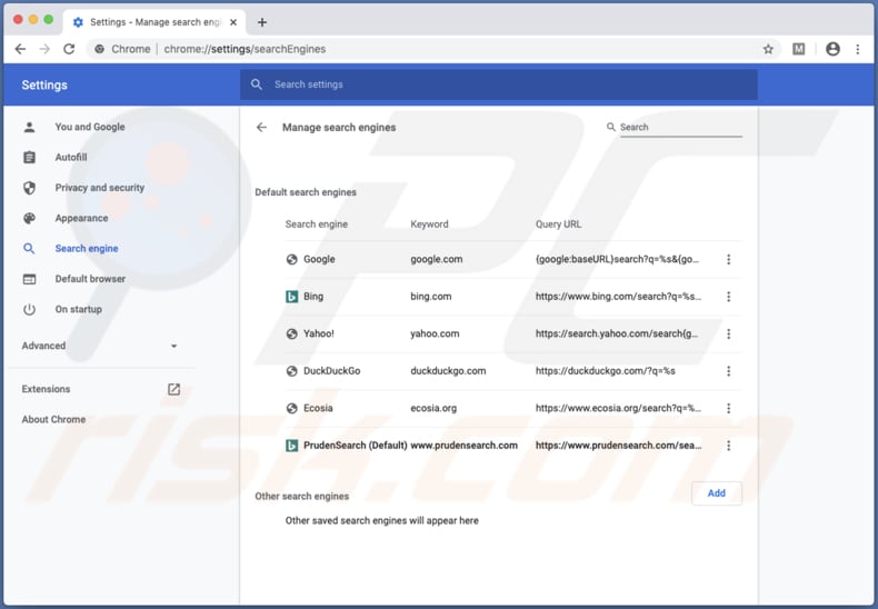 prudensearch.com atribuído como mecanismo de pesquisa padrão nas configurações do Chrome