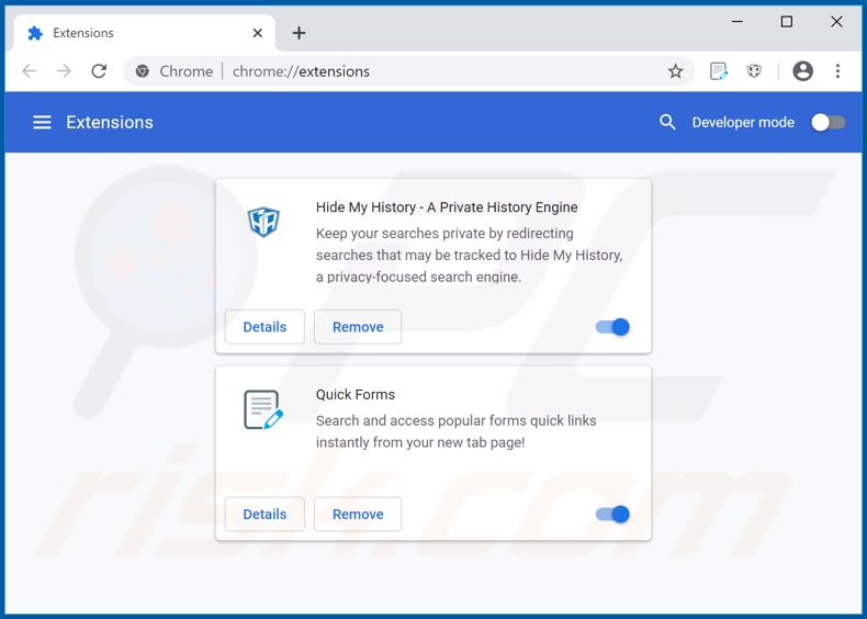 Remoção de extensões hquick-forms.com relacionadas com o Google Chrome