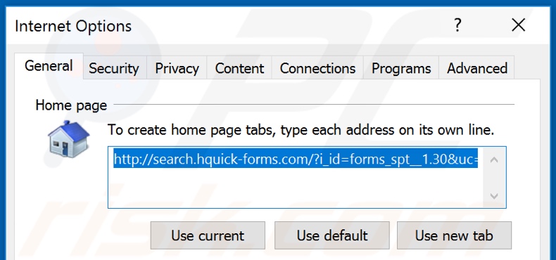 Remoção do hquick-forms.com da página inicial do Internet Explorer