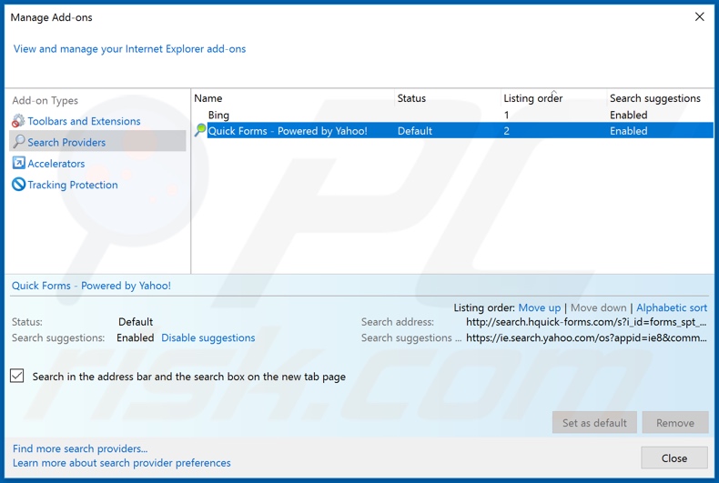 Remoção do hquick-forms.com do motor de pesquisa padrão do Internet Explorer