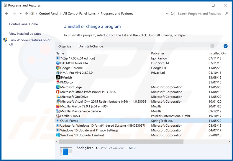 desinstalar o sequestrador de navegador hquick-forms.com via Painel de Controlo