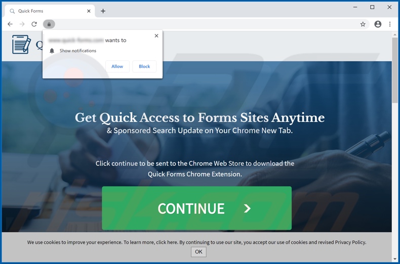 Site usado para promover o sequestrador de navegador Quick Forms